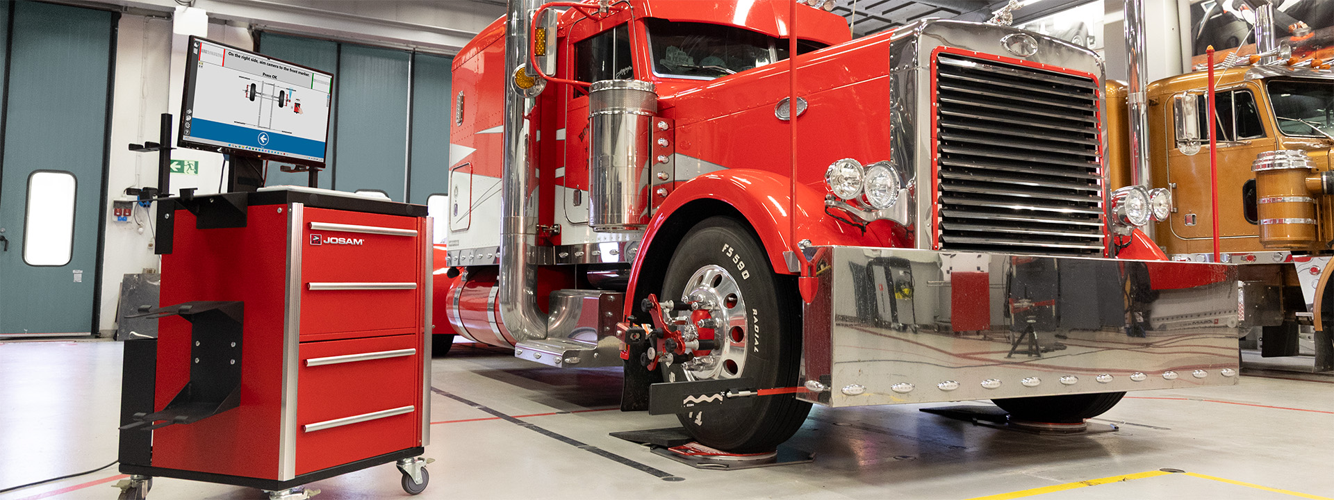 Semi truck being aligned with JOSAM Cam-Aligner