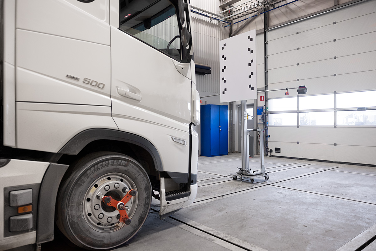 A truck with ADAS calibration targets placed in front of it