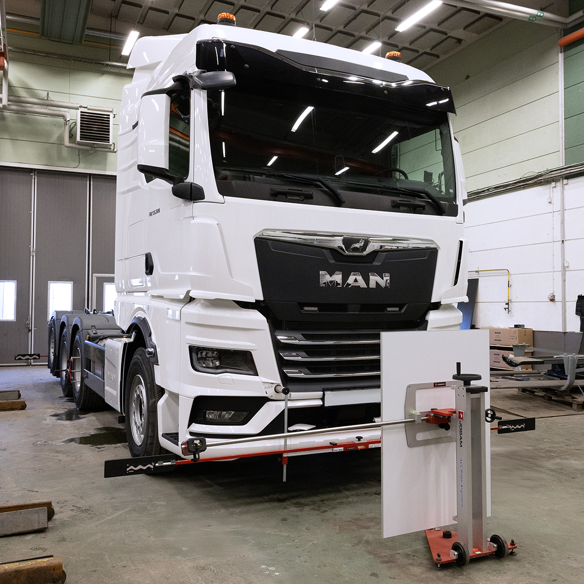 A truck with ADAS calibration targets placed in front of it