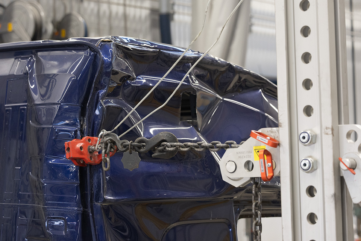 close up of JOSAM Cab Tower in use on a damaged truck cab