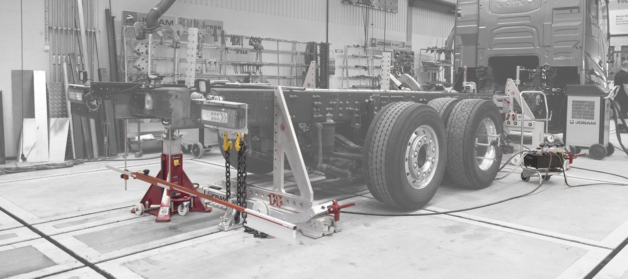 A JOSAM Frame Press and accessories being used on a truck frame